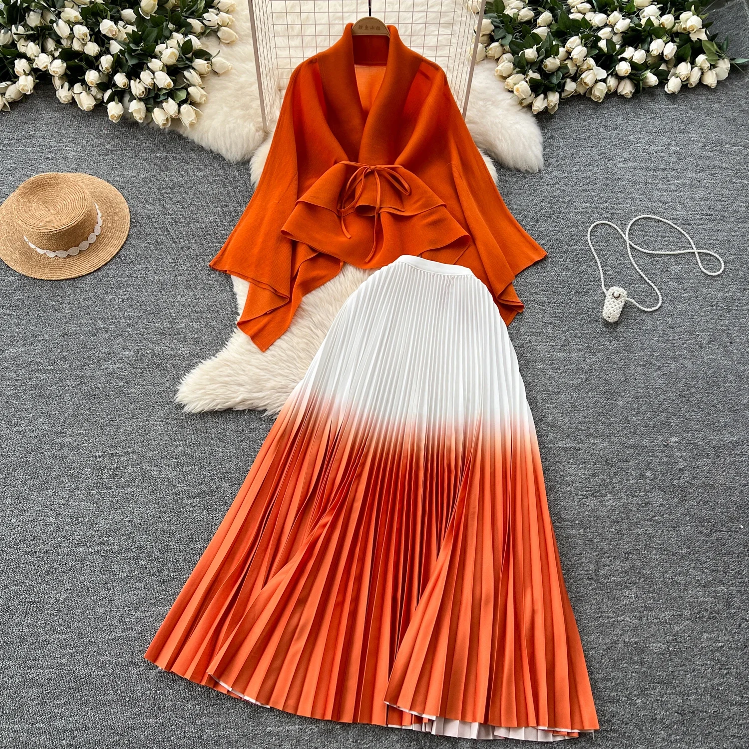 Elegant Long Sleeves Bandage Loose Top High Waist Pleated Skirt Evening High Street Fashion Autumn Winter Gradient Color Sets