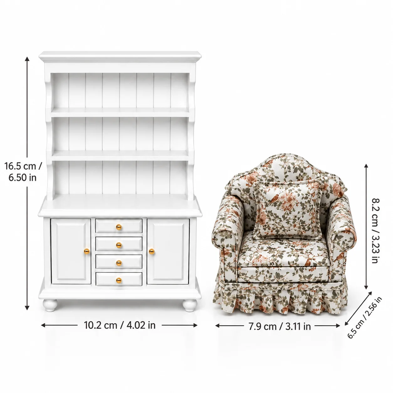 2pcs Miniature Dollhouse Floral Armchair & White Hutch Cabinet Set, Living Room Furniture Decorative Collectible