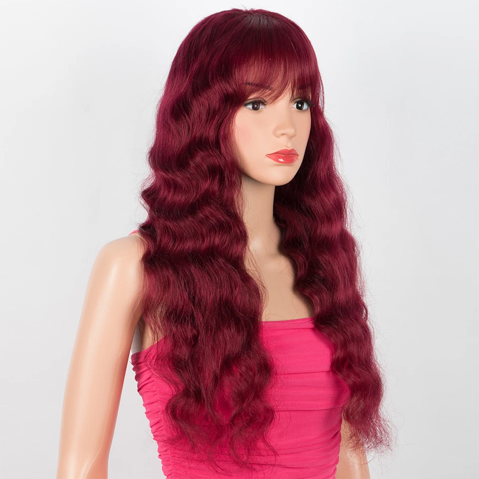 Sleek Brazilian Body Wave Wigs Red Burgundy Color Long Loose Wavy Natural Remy Black Dark Human Hair Wig With Bangs For Women