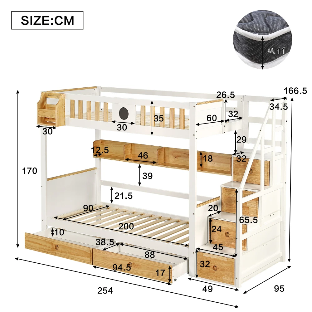 PINGGO Weißes Naturholz-Etagenbett 90x200cm mit Stauraum-Treppe, 4 Schränken, 2 Schubladen, offenem Regal, Fallschirmgitter, Kiefer+MDF, ohne Matratze – Detail 7