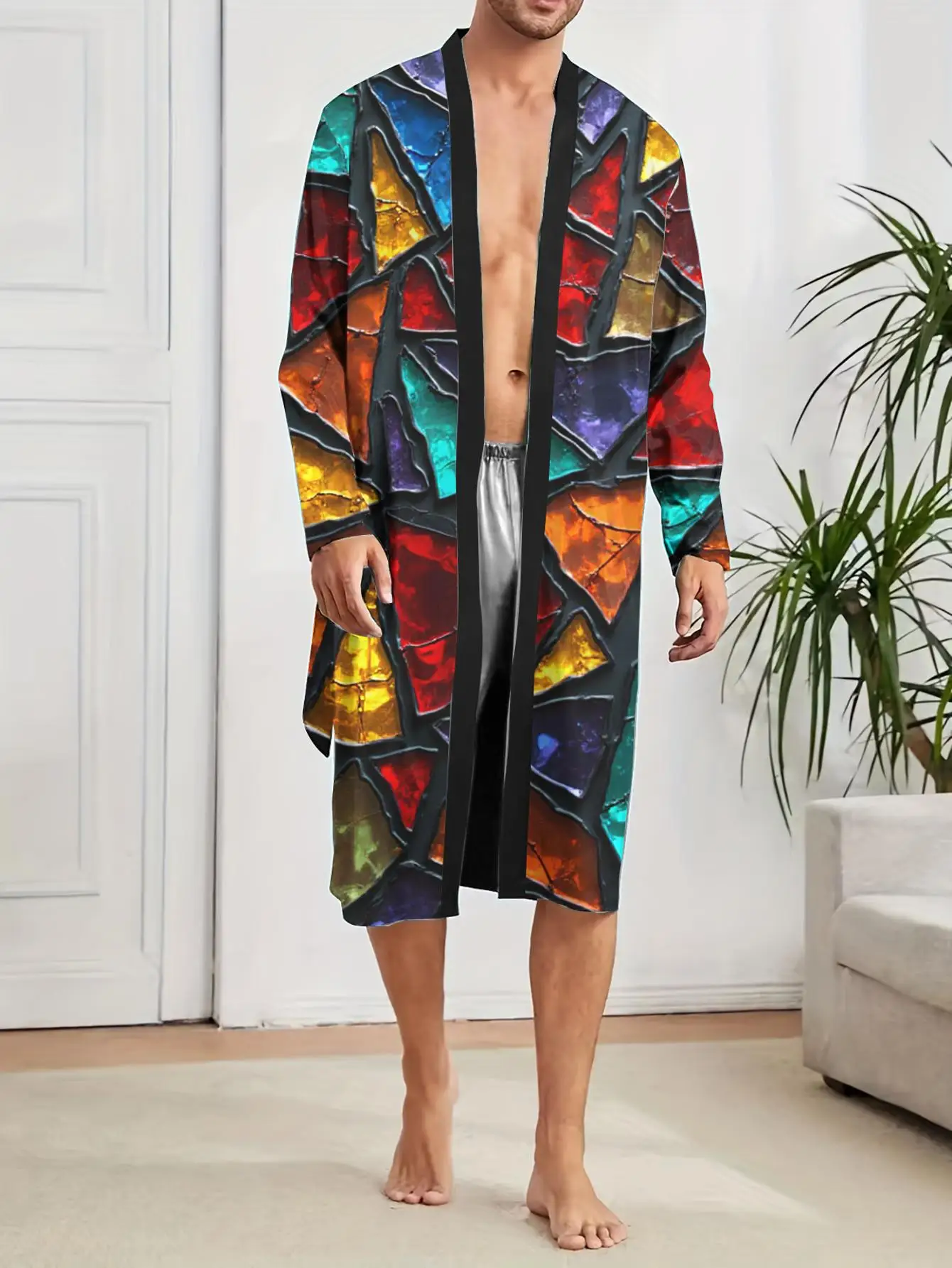 

1pc Men'S Robes 2026 Spring/Summer Graphic 3D Printed Men'S Bathrobe Polyester Sleepwear Robe Long Nightgown