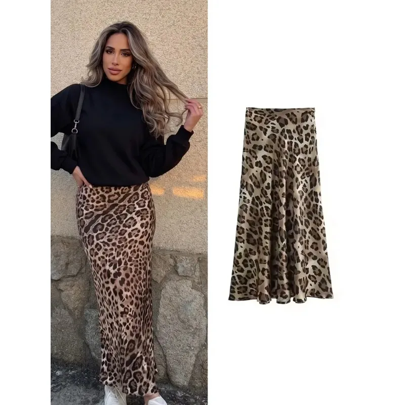 SMVP Women Leopard Print Long Skirt Summer Fashion Vintage Satin Printed Skirts Fashion Vintage Casual Streetwear Midi Skirts