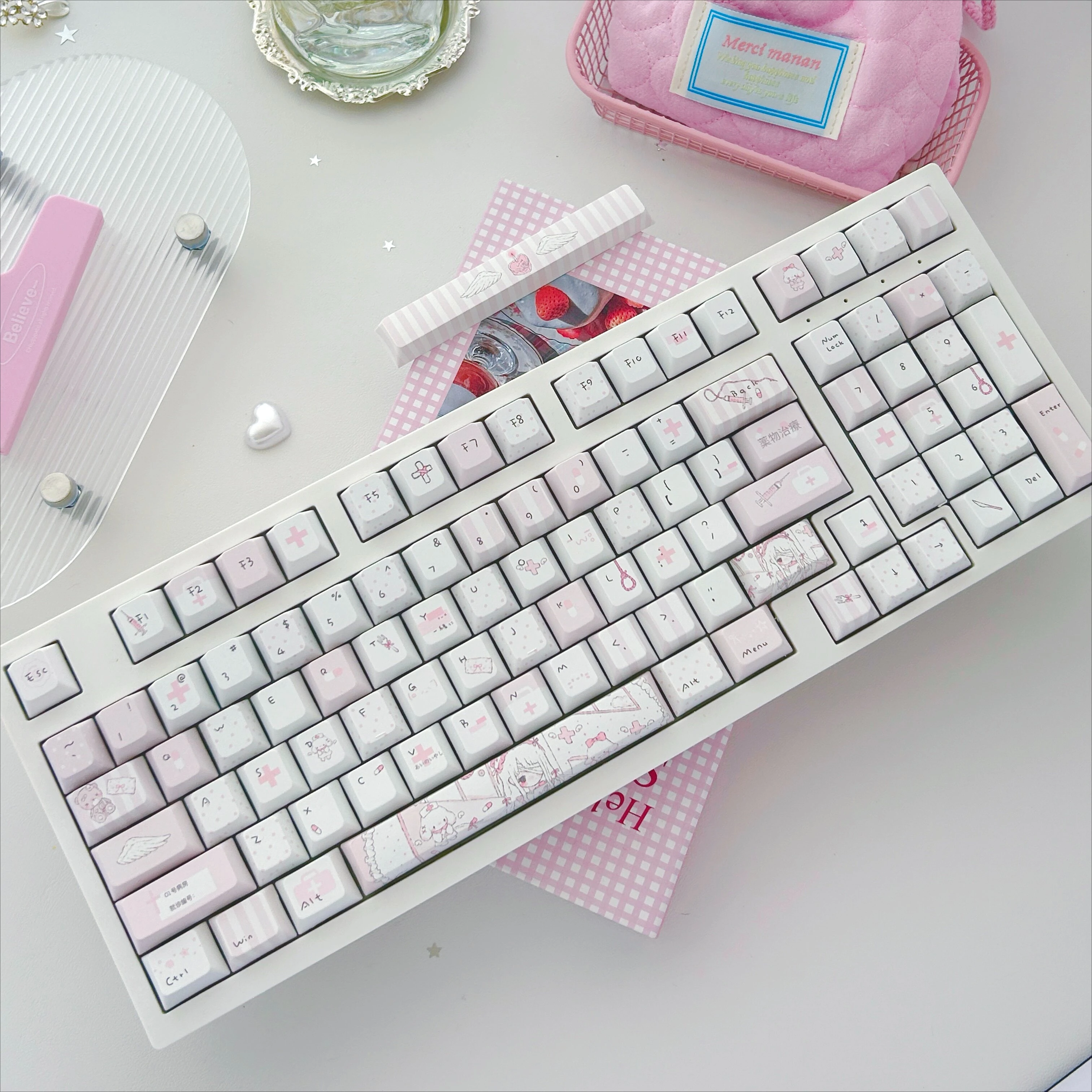 Anime Pink Keycaps Cherry Profile PBT Sublimation Keycap for MX Switches Alice ISO Layout Mechanical Keyboard L-Shaped Enter Key