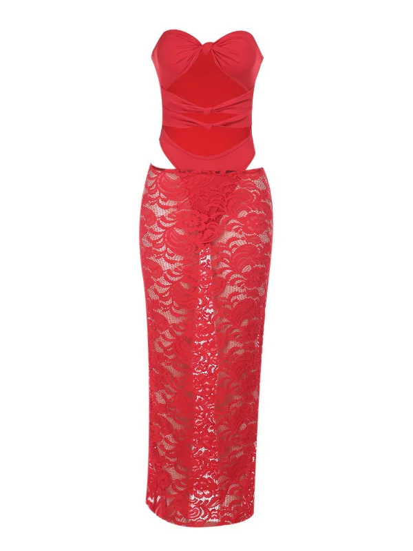 

Lace Hollow out Swimsuit Skirt Set Women's Long Sve Faionable Ensemble Hollow out Bikini Lace f Skirt