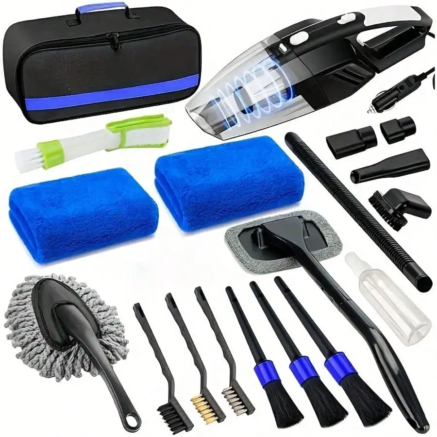 19pcs Car Cleaning Wash Kit Interior Detailing Cleaner Kit With High Power Handheld Vacuum Brush Set, Windshield Tool Duster Towels, Complete Car Care Tools