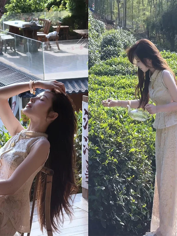 

New Chinese Style Zen Inspired Women's Summer High End Feel Lace Sleeveless Top Wide Leg Pants Two Piece Set Fashionable Ense...