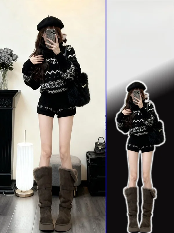 

Retro Sle High Collar Fair Isle Knit Sweater with Knot plus Size Faionable Two Piece Set for Women Winter Warmth