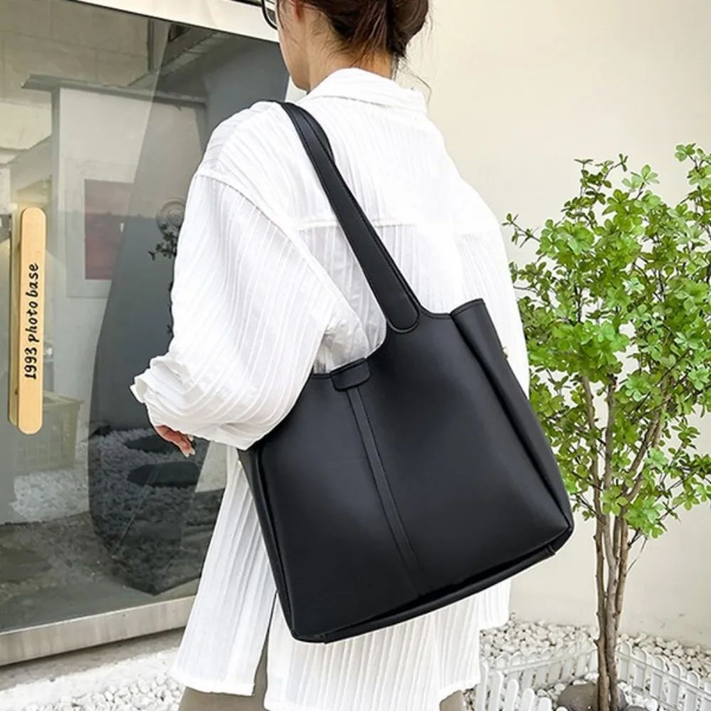 

New PU Tote Bag Square Shape Large Leather Shoulder Bag Solid Color Women Handbag