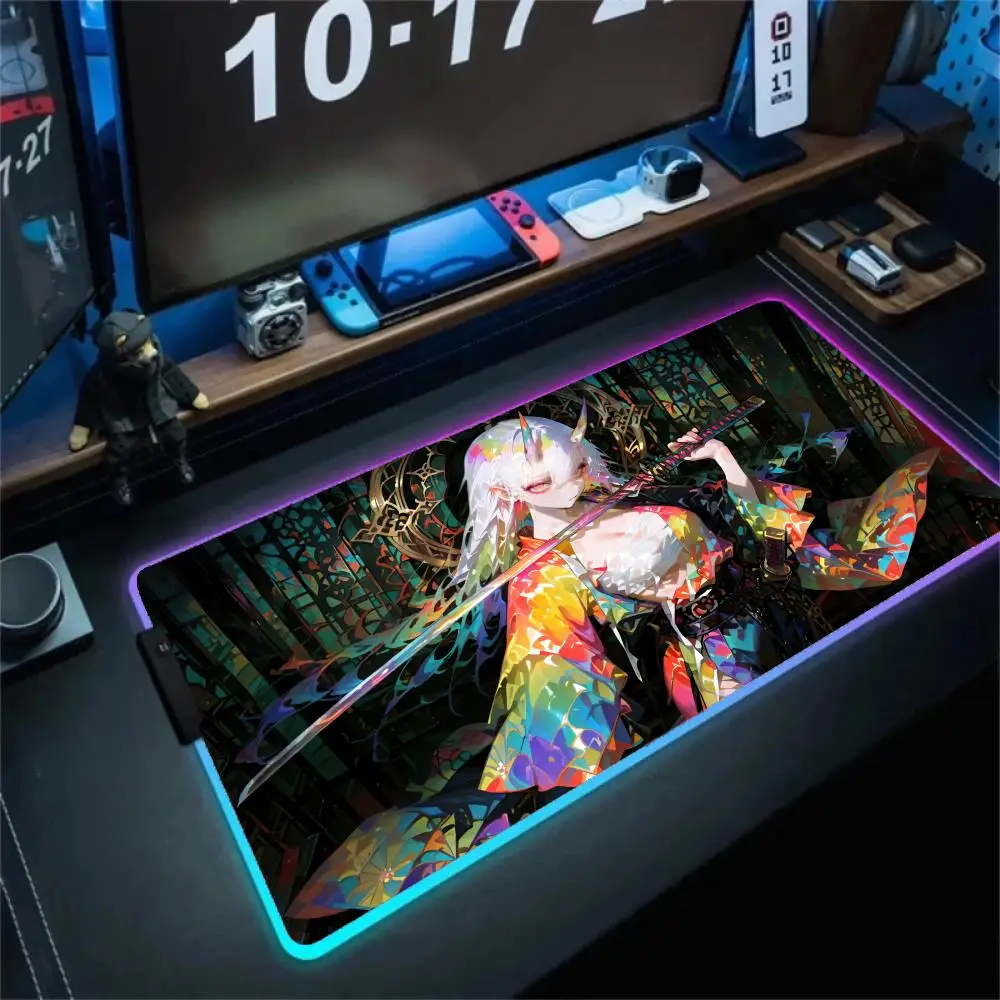 Japan Samurai Girl Mouse Pad LED Light Mousepad RGB E-sports Keyboard Deskmat Large Computer Gamer Accessories Long Desktop Mat