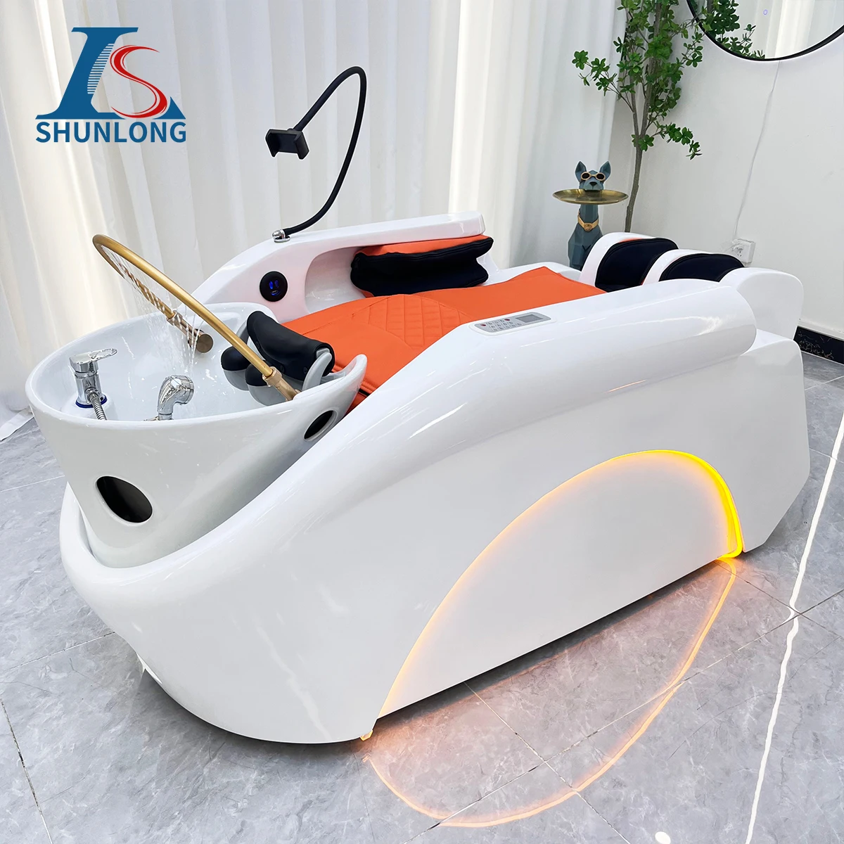 Electric Shampoo Bed White Shell With Orange Cushion LED Light Head Spa Water Circulation Hair Washing Chair for Hair Salon