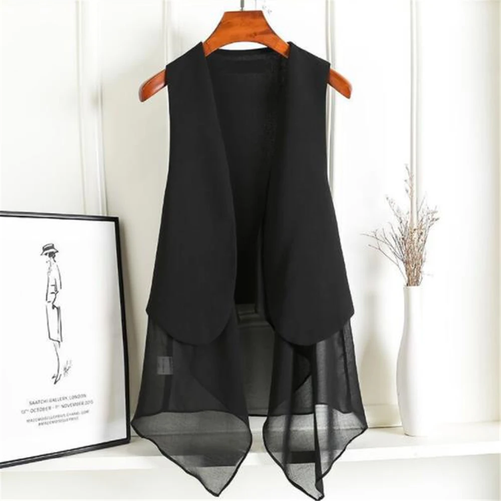 

Fall Asymmetry White Summer Long Chiffon Vests Womens Sleeveless Cardigan Female Jackets Overcoat Waistcoat Black Coat Outerwear