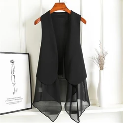 Fall Asymmetry White Summer Long Chiffon Vests Womens Sleeveless Cardigan Female Jackets Overcoat Waistcoat Black Coat Outerwear