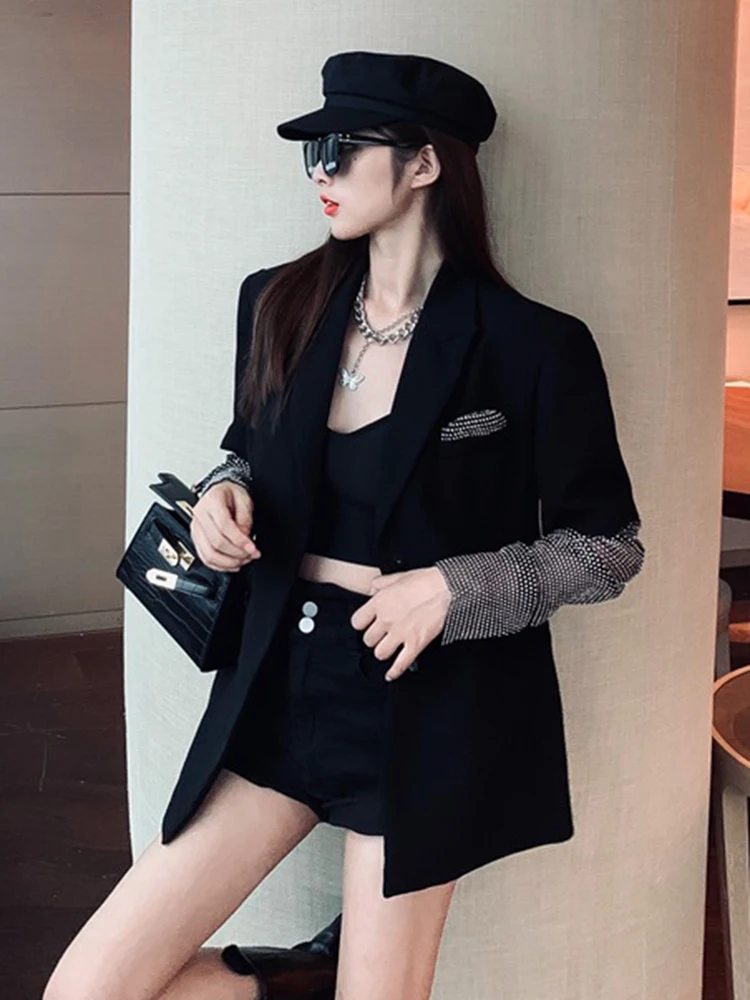 GALCAUR Patchwork Diamond Blazers For Female Notched Long Sleeve Single Breasted Loose Coat Women 2024 Spring Fashion Clothing