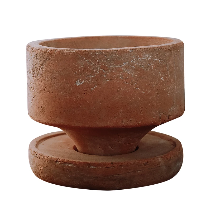 Handmade Coarse Pottery Retro High-Foot Bowl Flower Device Breathable with Tray