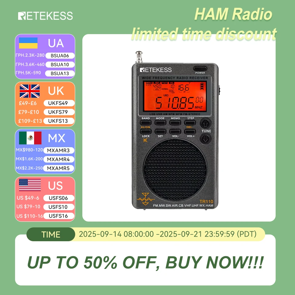 

Retekess TR110 Radio FM Receiver Portable SSB Shortwave Radios AM FM All Waves Band CB AIR Band Ham Radio SW MW LSB VHF UHF