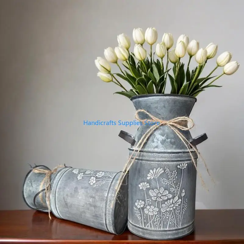 R1WA Farmhouse Decors Galvanized Metal Flower Vases Shabby Milk Can Storage Pitcher Planter For Kitchen Bathroom Home Decors