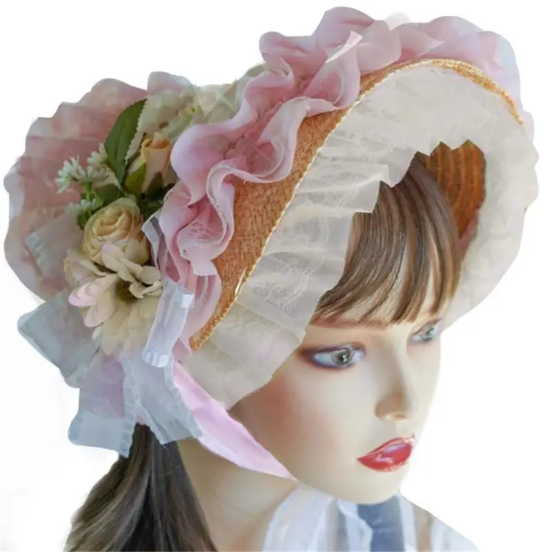 39BD Strohhut Spitze Fascinators Für Frauen Lolit Strohhut Tees Party Sonnenhut Viktorianischen Kopfschmuck Viktorianische – Detail 10