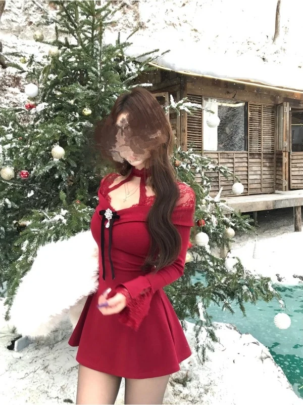 

Сексуальные кружевные майки, новогодние женские осенне-зимние базовые слои, красная юбка Par ort, облегающая юбка трапециевидной формы Dr Long Sve