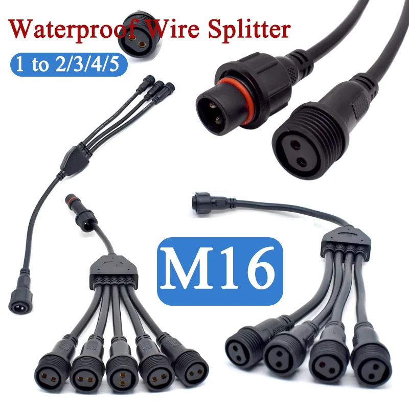 Waterproof M16 2Pin 1 to 2/3/4/5 Splitter Wire Y-type LED Lamps Connector Cable Outdoor 2 Cores Male to Female 16mm Power Plug