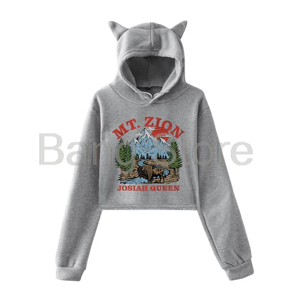 يوسييا كوين جبل. Zion Cat Ear Hoodie المرأة طويلة الأكمام بلوزات عارضة الشارع الشهير المحاصيل قمم