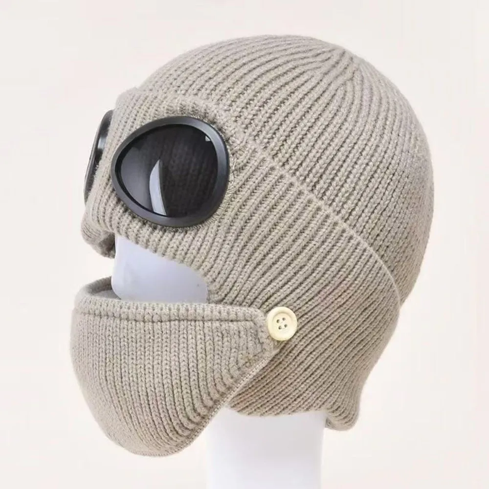 Classic Fleece Lined Fleece Lined Hat Knitted With Mask Knitted Winter Hat Woolen Earmuffs Aviatror Cap Outdoor Wear