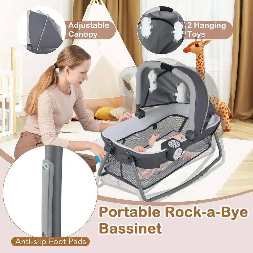 5-in-1 ポータブルベビーサークル（ベビーベッド、おむつ替え台、収納、音楽、キャリーバッグ付き）