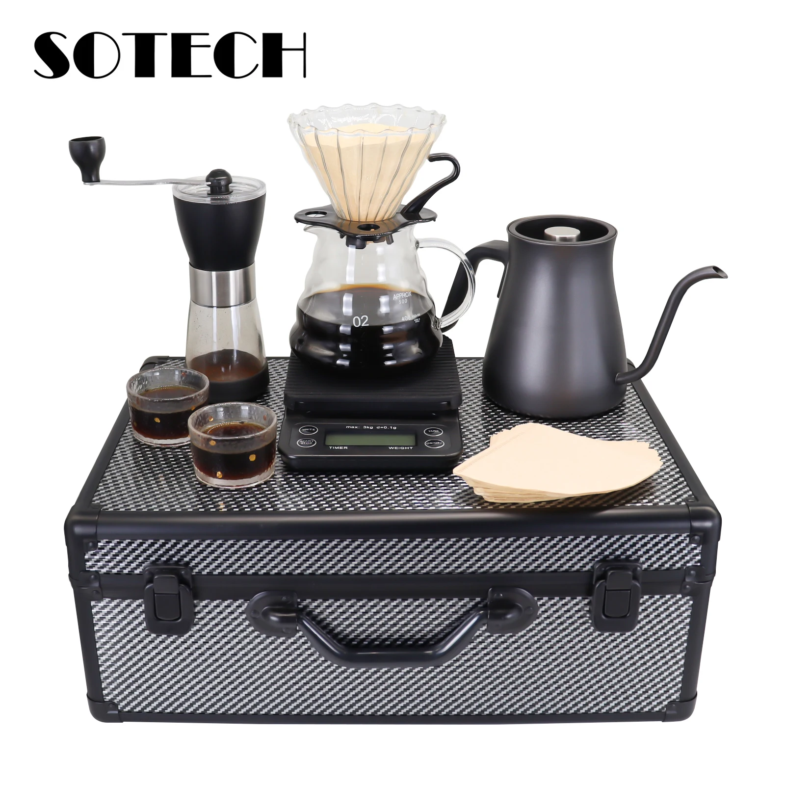 Complete Pour Over Coffee Maker Set with Storage Case, Professional Hand Drip Coffee Kit Includes Gooseneck Kettle, Glass Dripper, 600ml Server, Manual Coffee Grinder, Digital Scale with Timer, 2 Coffee Cups & 40 Filter Papers, Perfect for Home Barista