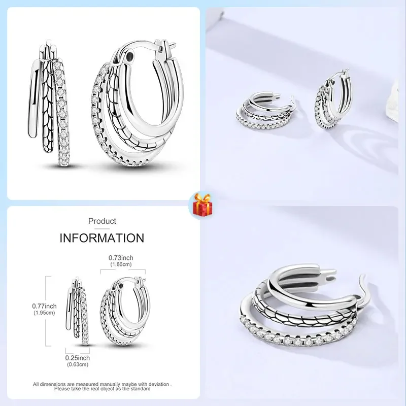 Travel Hobbies 925 Sterling Silver Triple Stone Asymmetrical Snake Bone Hoop Earrings Women's Elegant Jewelry Accessories