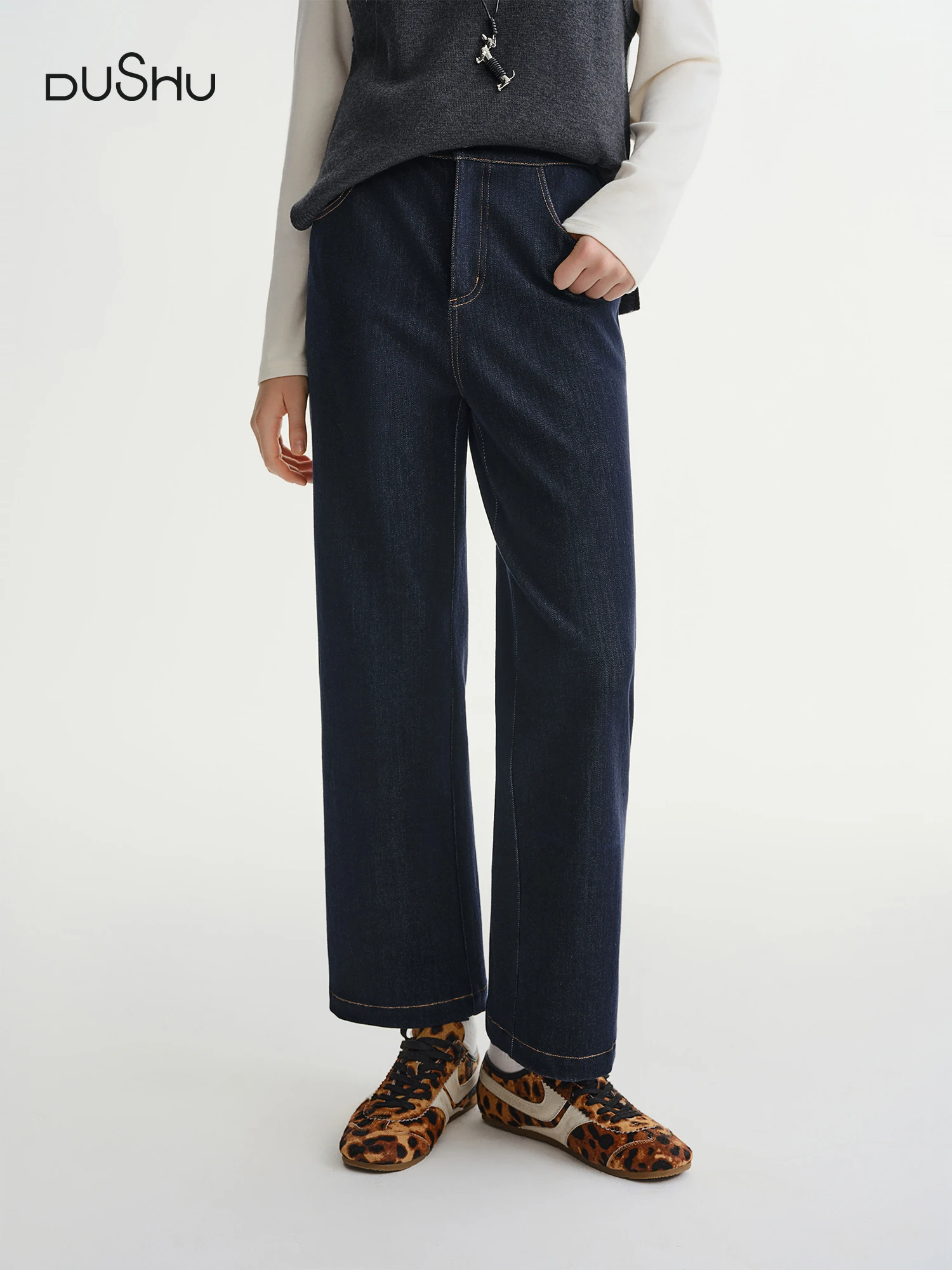 

DUSHU Plus Size Women's Soft Denim Long Pants Elastic Waist Straight Leg Trouser 2025 New Arrival Casual Comfort Jeans Office