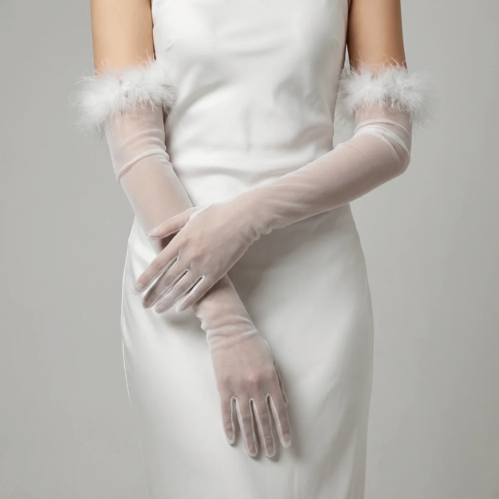 Elegant Silk Feather Gloves Solid Color Transparent Long Gloves Thin 55CM Bridal Gown Accessories NightClub