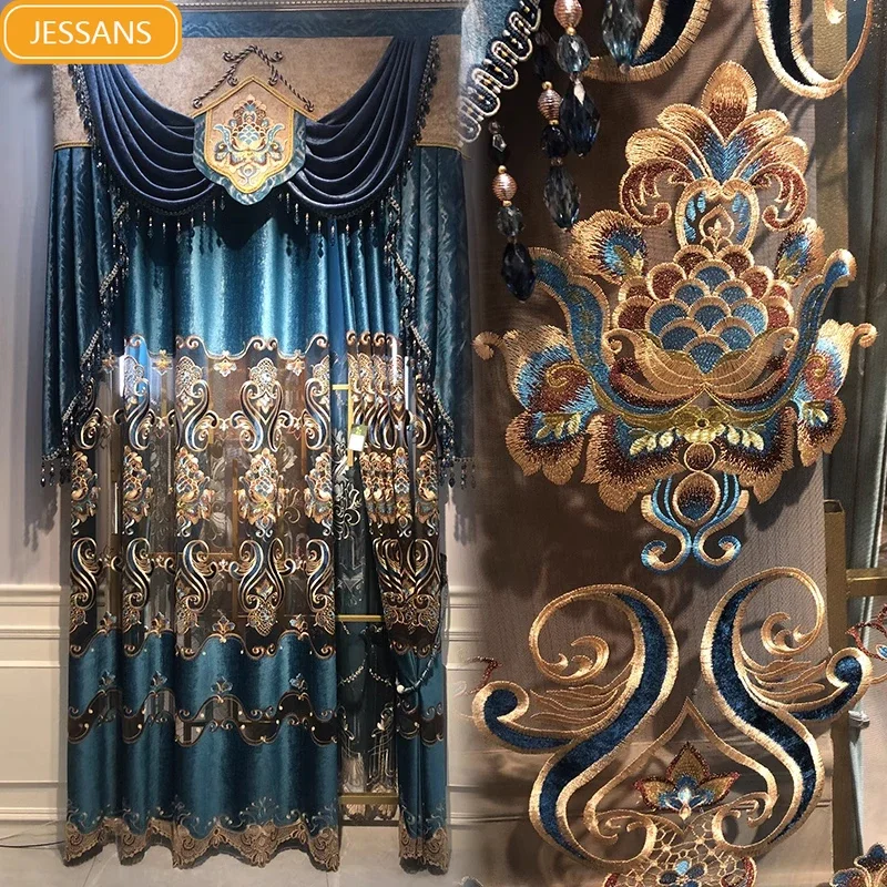 Hollowed Out Blue Gilded Embroidered Velvet Living Room Curtains for Bedroom French Window Villa Embroidered Window Screen