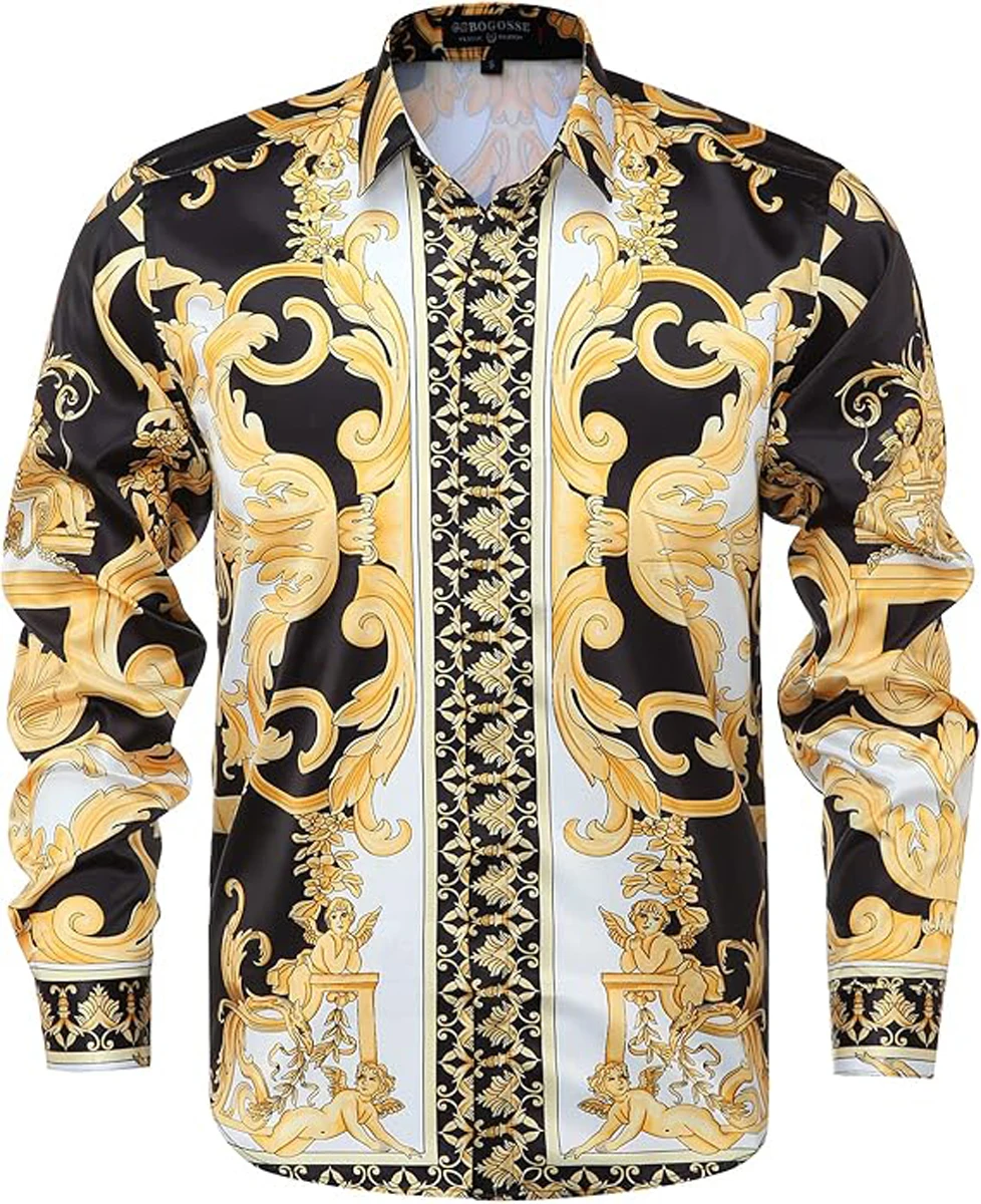 Men Luxury Pink Gold Baroque Scroll Floral Harp Medallion Print Long Sleeve Shirt Turn Down Collar Formal Party Daily Tops
