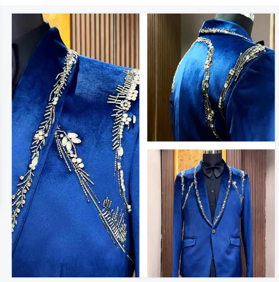 

Royal Blue Velvet Men Suits 2 Pcs Blazer+Black Pants Cotton Luxury Crystals Wedding Tuxedo Coat Customized Formal Office Jacket