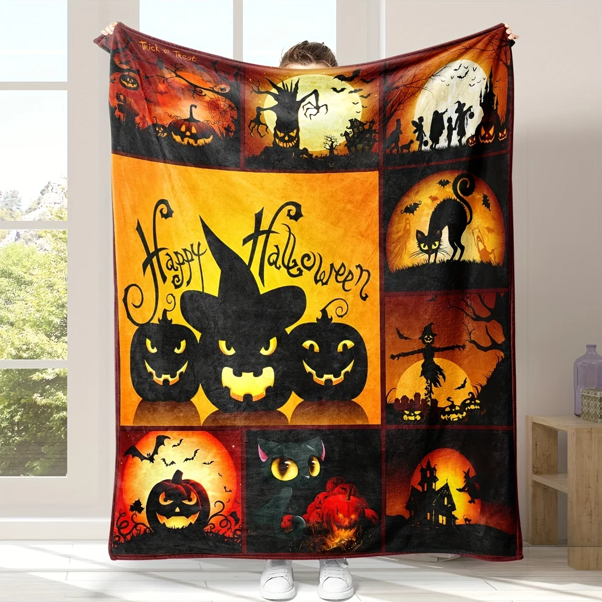 Halloween Theme Blanket, Halloween Pumpkin Black Cat Scarecrow Ghost Print Flannel Blanket Throw Blanket Office Nap