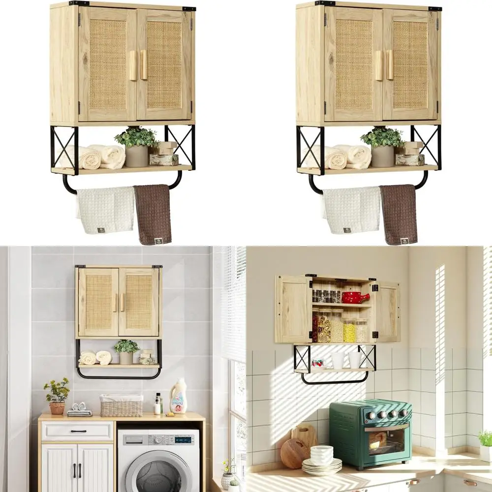 

Деревянный настенный шкаф для ванной Double Barn Door с регулируемыми полками и вешалкой для полотенец, 3-уровневое хранилище для ванной комнаты в богемном стиле