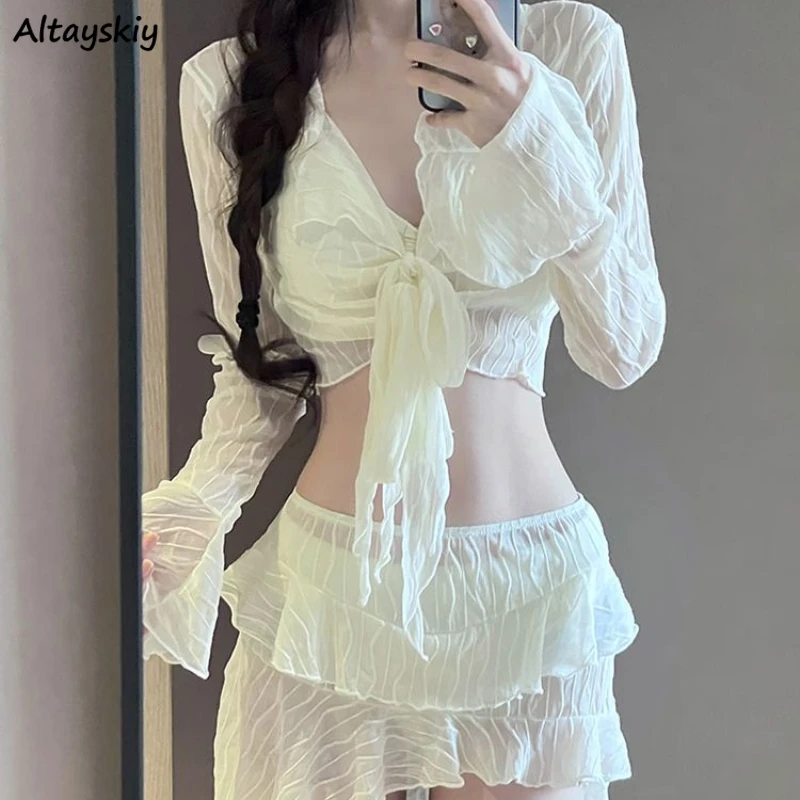 Conjunto de biquíni feminino com renda em malha, maiô irregular, estilo francês, moda feminina Fairycore, férias à prova de sol, gostoso, 4 peças