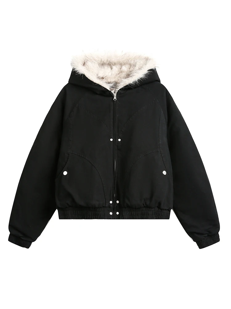 DEAT Fashion Women\'s Cotton-padded Coat Fur Collar Hooded Loose Zipper Gray Thick Warm Quilted Jacket Winter 2024 New CPG2226