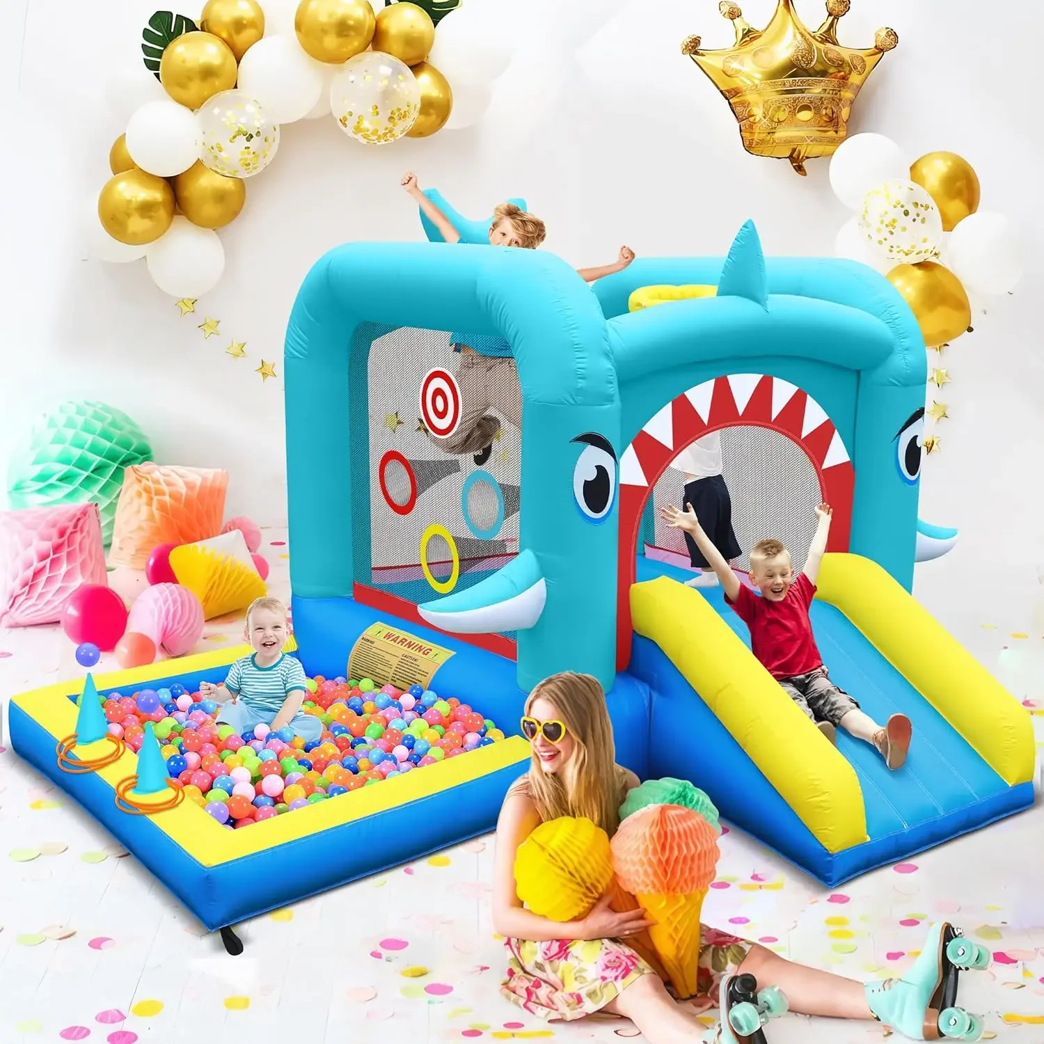 Inflatable Bounce House: Jump Bouncer Castle Slide Combo - 7 in 1 for Kids 3-8 - with 370W Blower - for Indoor Outdoor