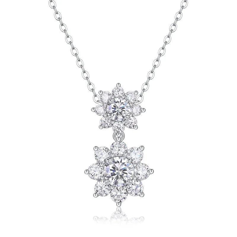 

S925 Rhodium-Plated Silver 2CT D Color Moissanite Double Sunflower Pendant Necklace for Women, Exquisite Jewelry