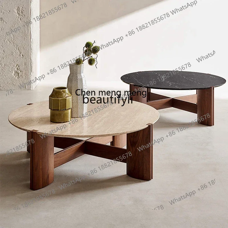 

M178 Imported travertine solid wood coffee table small apartment living room sitting area round coffee table French wabi-sabi293