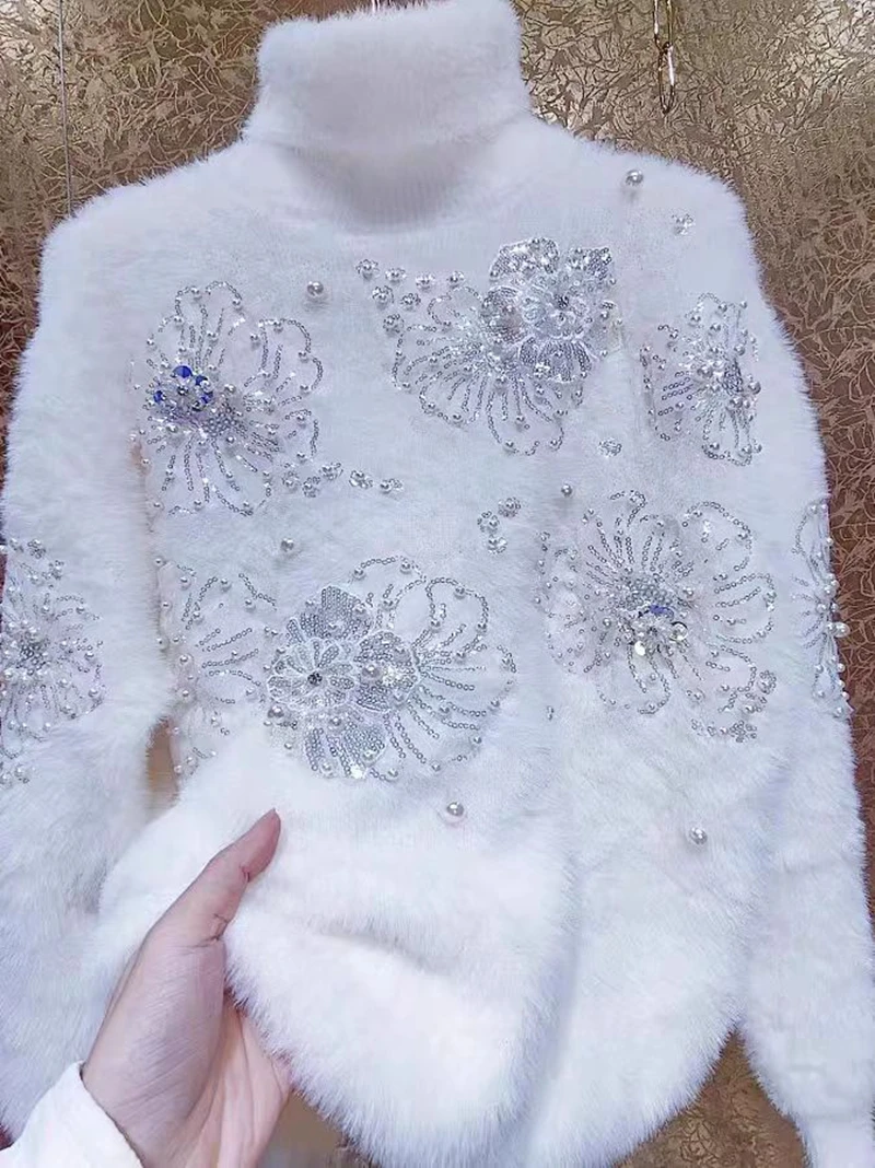 High-end Beads Sequined Stitch Thick Faux Fur Turtleneck Sweater for Women Autumn/Winter New Knit Outwears Pullovers Jumpers