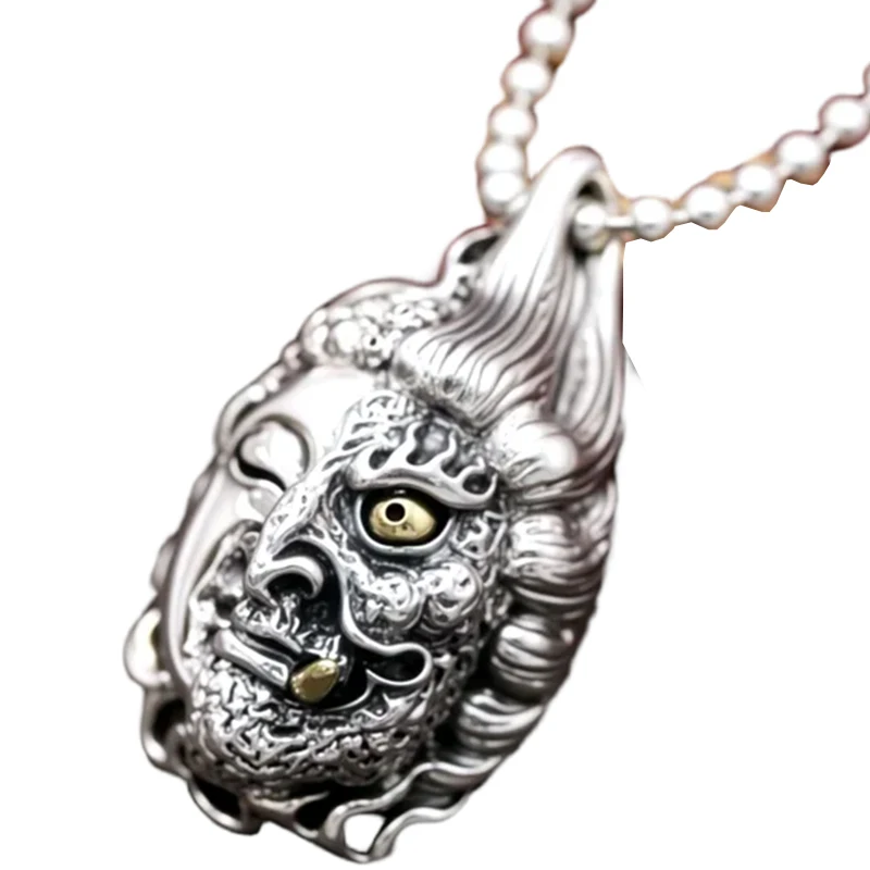 Two Sides Buddha Demon Face 925 Sterling Silver Pendant Necklace for Men, Antique Thai Style Unisex Yin Yang Jewelry Gift