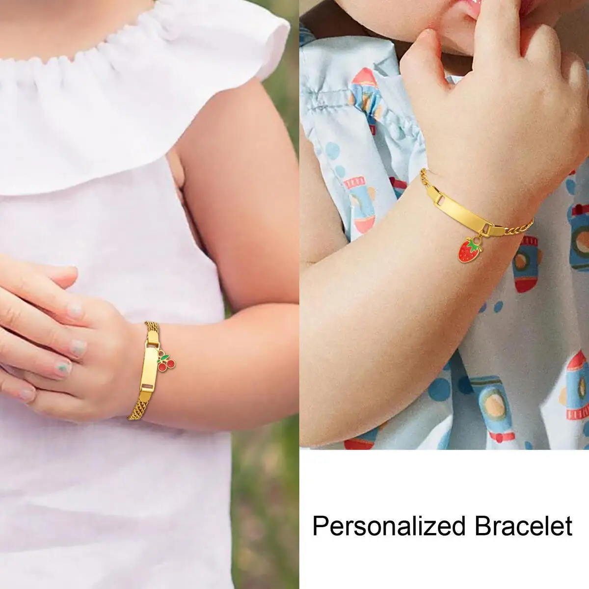 Personalized Children's Bracelet, Cute Strawberry Cherry Bracelet Engraved Name for Baby Newborn Gift, No Rust  Free Allergenic