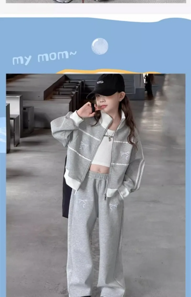 UNITIM Herbst Kinder Mädchen 2-teiliges Kleidungsset Schleifendruck 4-14 Jahre Kinder Mädchen Reißverschluss-Mäntel Anzüge Lose Junior Mädchen Hosen Outfits – Detail 8