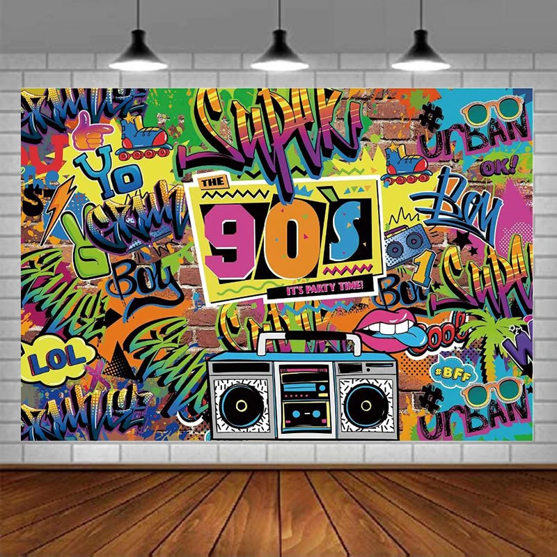 

90s Theme Party Photography Backdrop Hip Hop Rock Punk Music Graffiti Brick Wall Retro Radio Background Banner Decoration