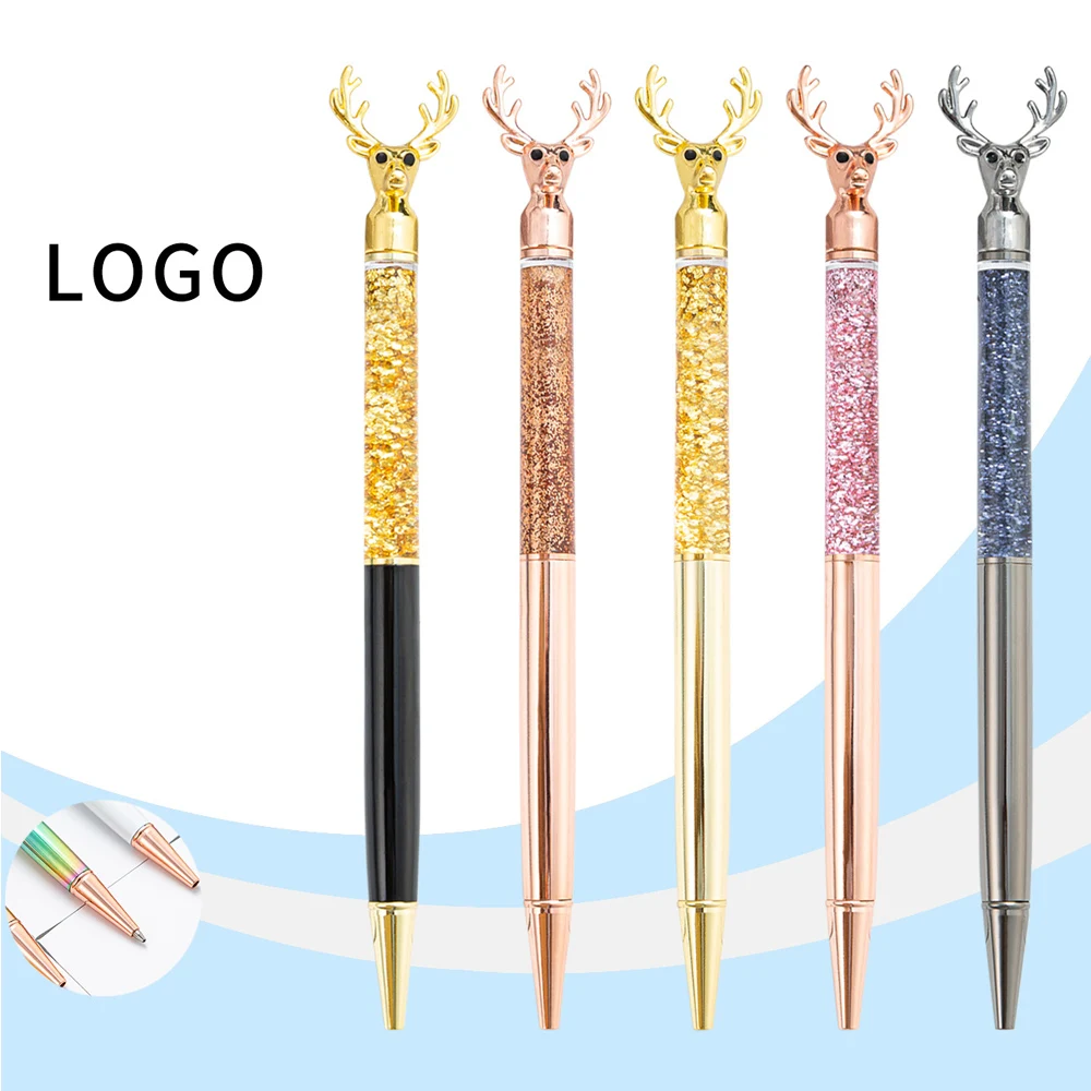 1PC Custom Logo Engraved Deer Head Quicksand Ballpoint Pen - Luxury Metal Glitter Liquid Filled Signature Pen for Office & Gifts