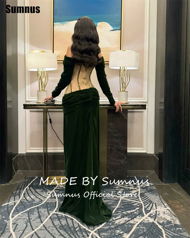 Eleganckie suknie balowe Sumnus w stylu syreny, zielony aksamit, koronka, odkryte ramiona, długie rękawy, suknie wieczorowe فساتين سهرات, szyte na miarę
