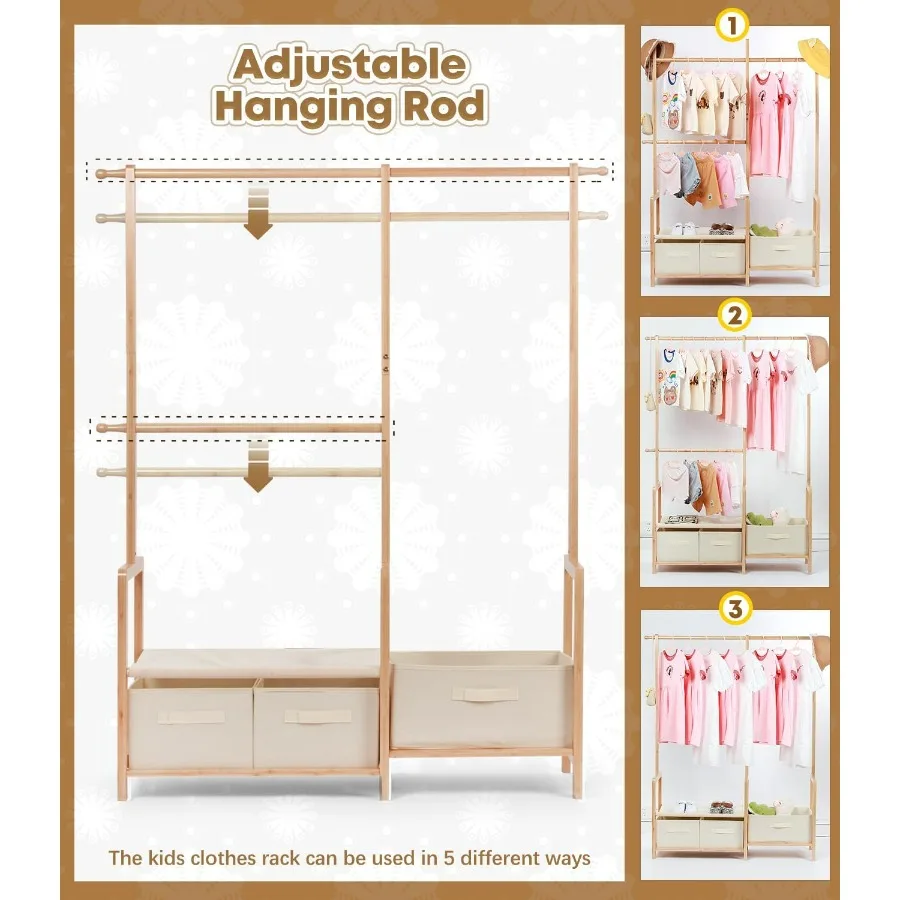 Bamboo Clothing Rack with Triple Hanging Poles for Child Dress Up and Costume Storage Compact Garment Rack with 3 Adjustable St