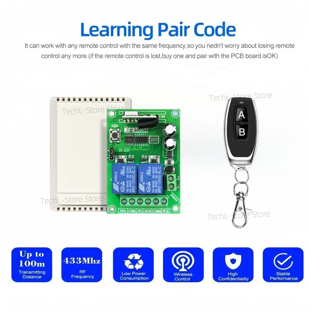 433MHz Universal Wireless Remote Control DC 24V 2CH rf Relay Receiver and Transmitter for Universal Garage door and gate Control