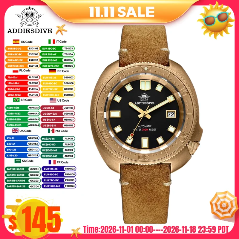 ADDIESDIVE Watch For Man 200m Waterproof Sapphire Glass BGW9 Super Luminous AD2104 8215 Automatic Mechanical CUSN8 Bronze Watch